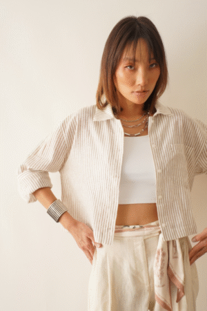 CAMISA LINHO ALGODÃO CROPPED LISTRADA COM FIO LUREX